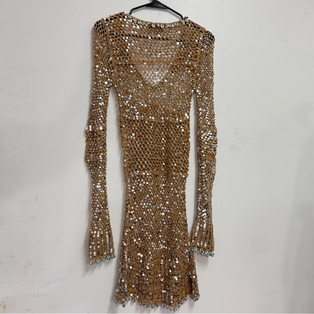 Retrofête Sequin Crochet Shell Embellished Dress Crochet Beach Dress bikinicover - Picture 8 of 9